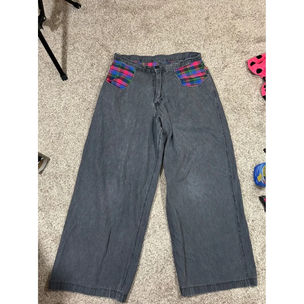 Vintage Rare 90's JNCO's Wide Leg Jeans Black Denim Bold Plaid Y2K Streetwear